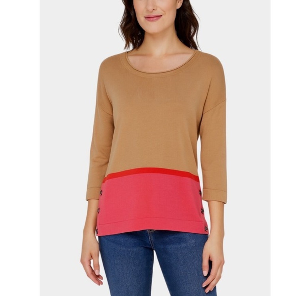 LOFT Brown Red Colorblock‎ Knit Sweater 3/4 Sleeve Button S Wool Blend 91-08